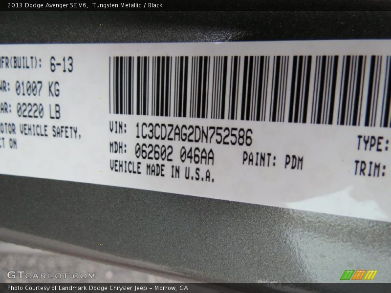 Tungsten Metallic / Black 2013 Dodge Avenger SE V6