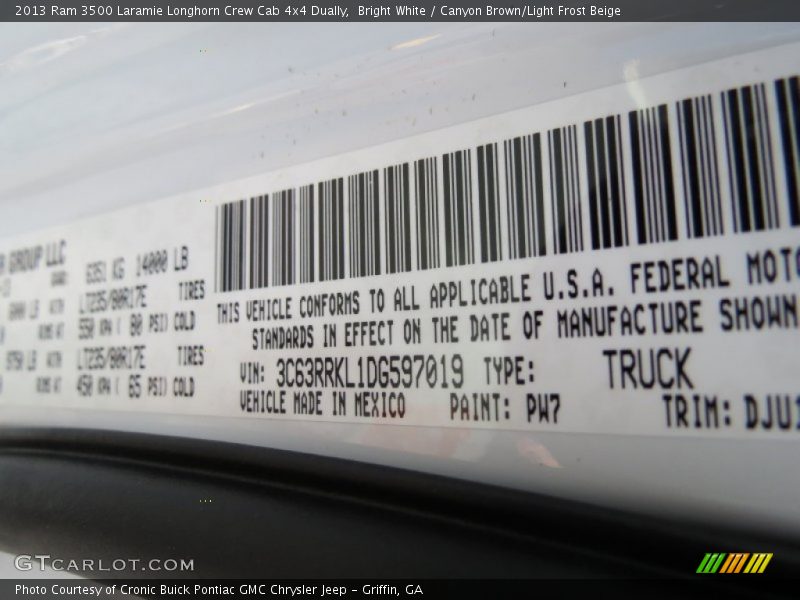 2013 3500 Laramie Longhorn Crew Cab 4x4 Dually Bright White Color Code PW7