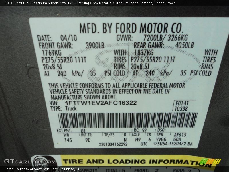 Sterling Grey Metallic / Medium Stone Leather/Sienna Brown 2010 Ford F150 Platinum SuperCrew 4x4