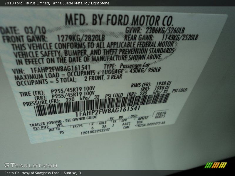 White Suede Metallic / Light Stone 2010 Ford Taurus Limited