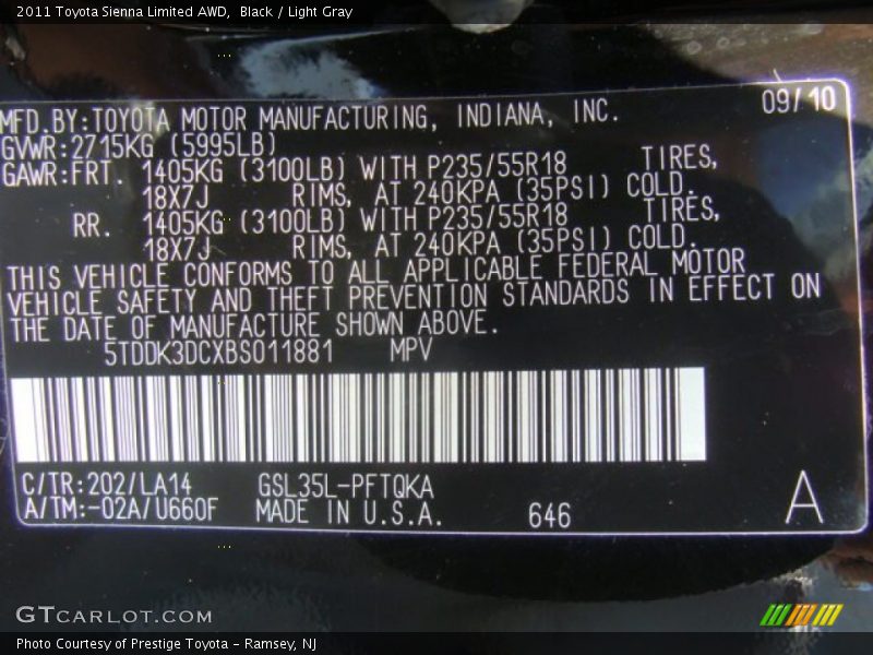 Black / Light Gray 2011 Toyota Sienna Limited AWD