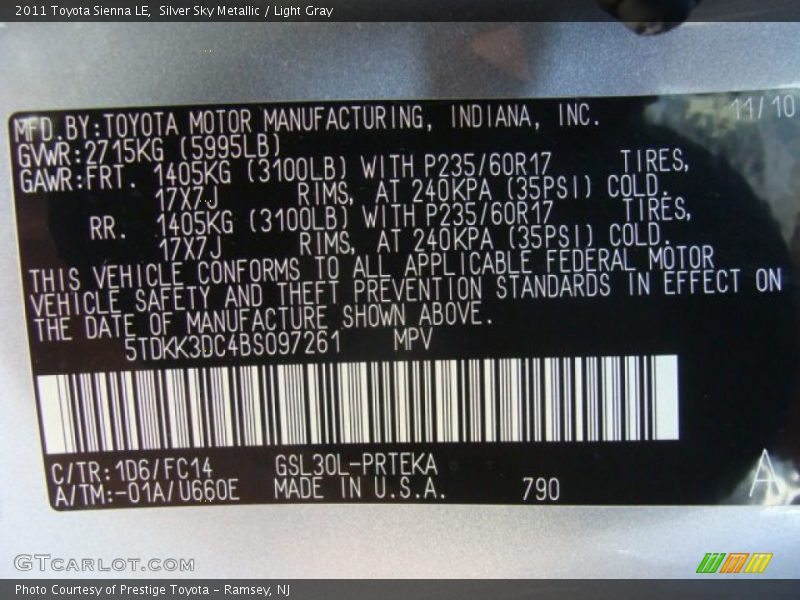 Silver Sky Metallic / Light Gray 2011 Toyota Sienna LE