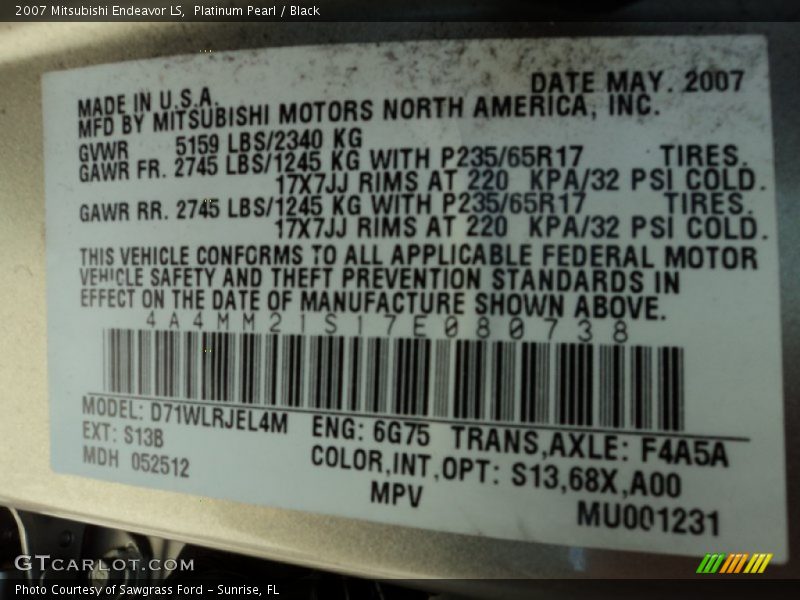 2007 Endeavor LS Platinum Pearl Color Code S13