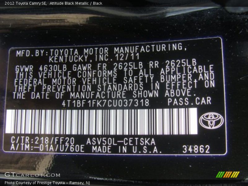 Attitude Black Metallic / Black 2012 Toyota Camry SE