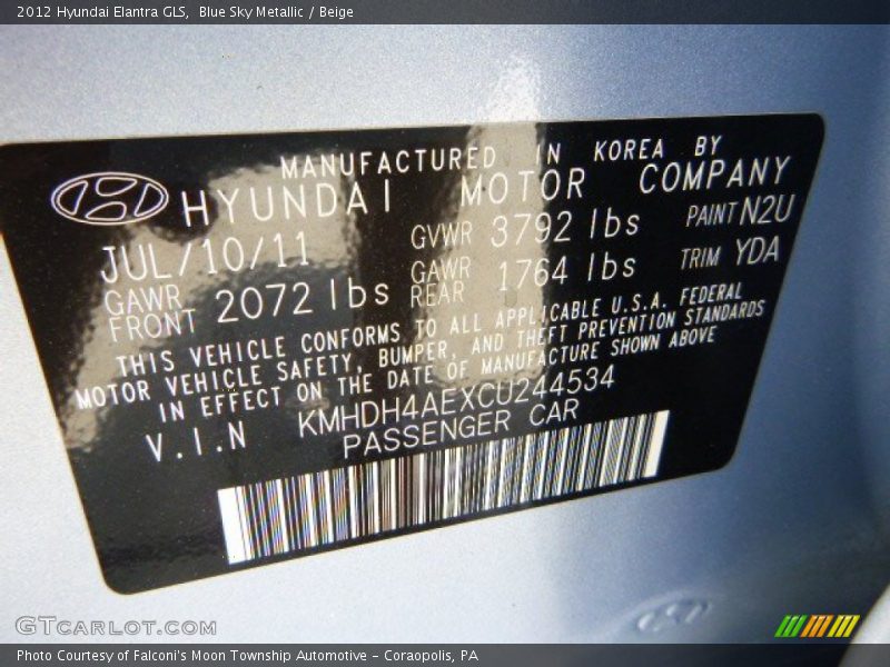 Blue Sky Metallic / Beige 2012 Hyundai Elantra GLS