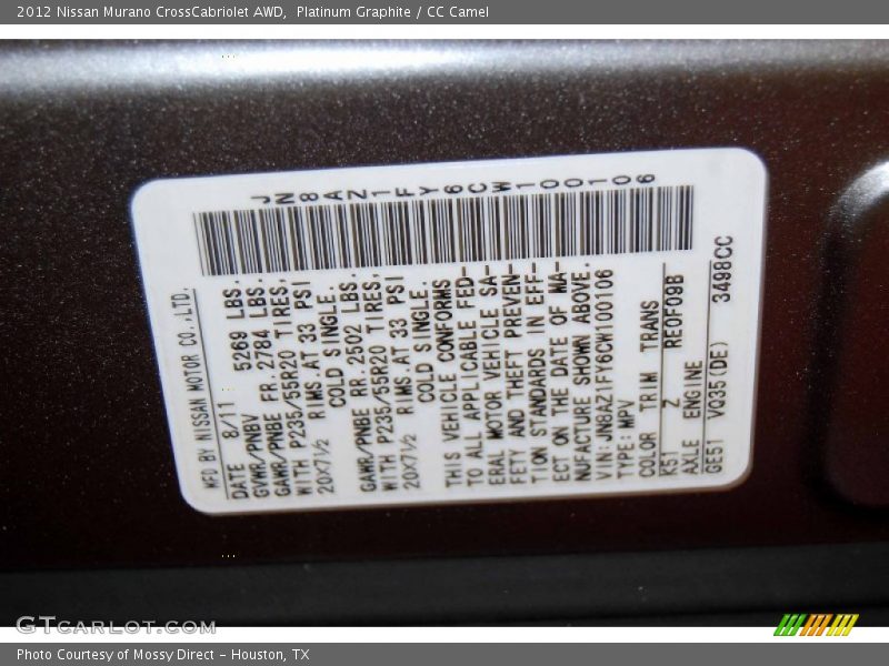 2012 Murano CrossCabriolet AWD Platinum Graphite Color Code K51