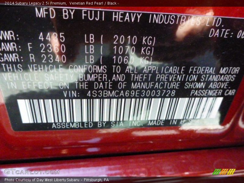 Venetian Red Pearl / Black 2014 Subaru Legacy 2.5i Premium