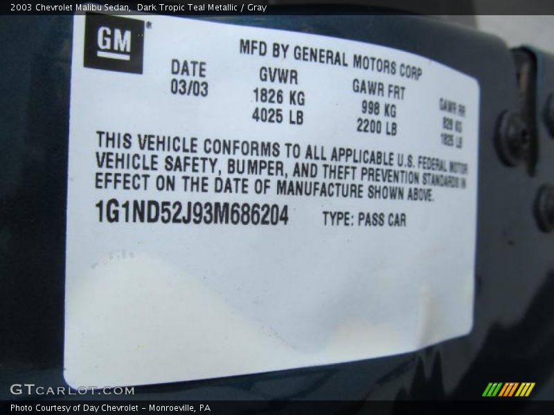 Dark Tropic Teal Metallic / Gray 2003 Chevrolet Malibu Sedan