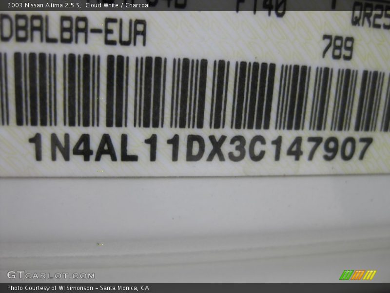 Cloud White / Charcoal 2003 Nissan Altima 2.5 S