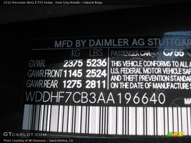 Steel Grey Metallic / Natural Beige 2010 Mercedes-Benz E 550 Sedan