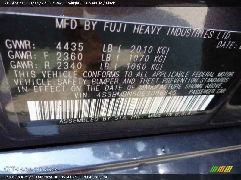 Twilight Blue Metallic / Black 2014 Subaru Legacy 2.5i Limited