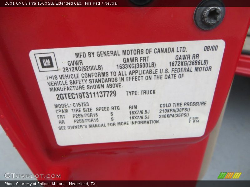 Info Tag of 2001 Sierra 1500 SLE Extended Cab