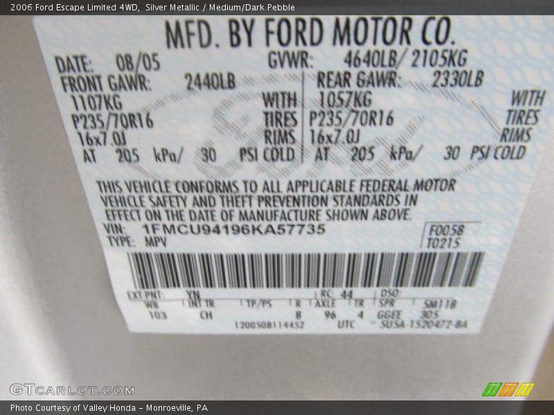 Silver Metallic / Medium/Dark Pebble 2006 Ford Escape Limited 4WD