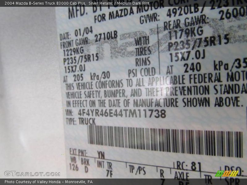 2004 B-Series Truck B3000 Cab Plus Silver Metallic Color Code YN