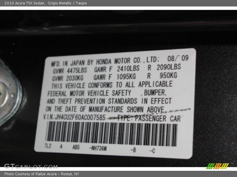 Grigio Metallic / Taupe 2010 Acura TSX Sedan