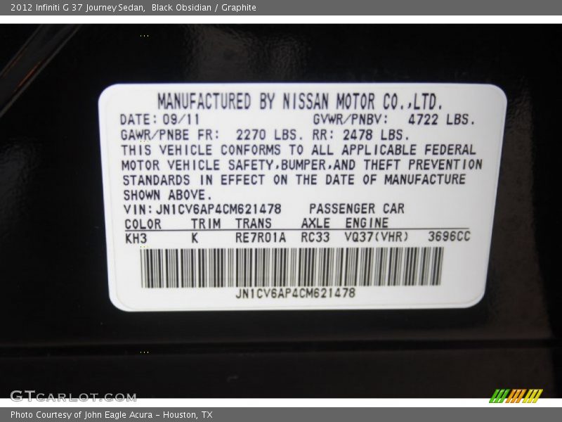 Black Obsidian / Graphite 2012 Infiniti G 37 Journey Sedan