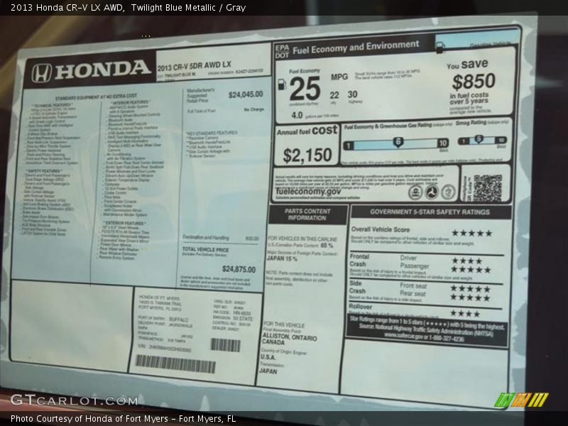 Twilight Blue Metallic / Gray 2013 Honda CR-V LX AWD