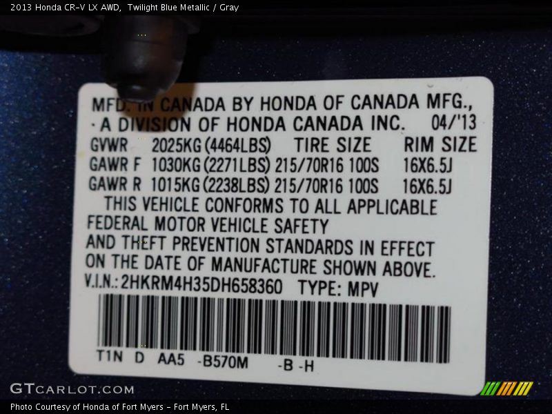 Twilight Blue Metallic / Gray 2013 Honda CR-V LX AWD