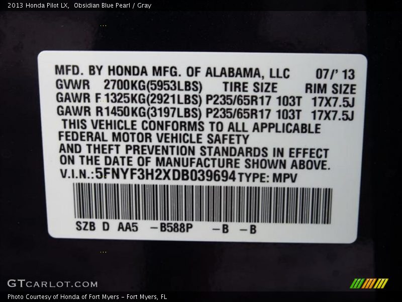 Obsidian Blue Pearl / Gray 2013 Honda Pilot LX