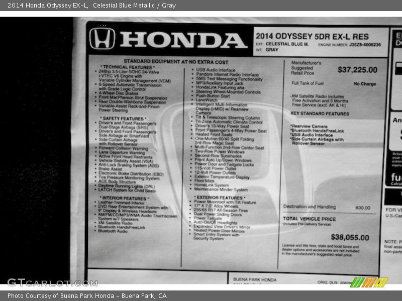 Celestial Blue Metallic / Gray 2014 Honda Odyssey EX-L