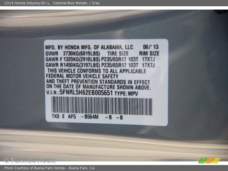 Celestial Blue Metallic / Gray 2014 Honda Odyssey EX-L
