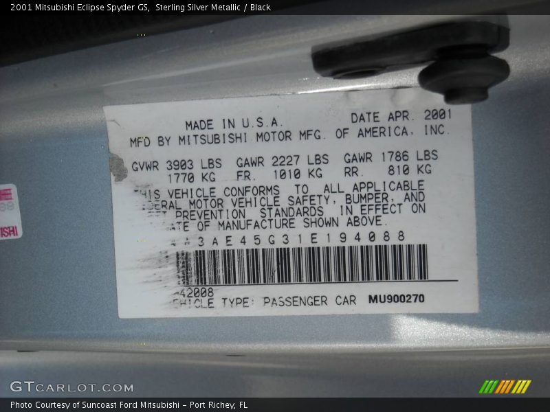 Sterling Silver Metallic / Black 2001 Mitsubishi Eclipse Spyder GS
