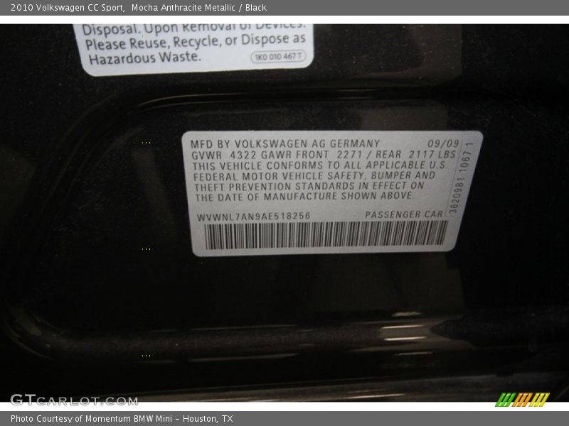 Mocha Anthracite Metallic / Black 2010 Volkswagen CC Sport