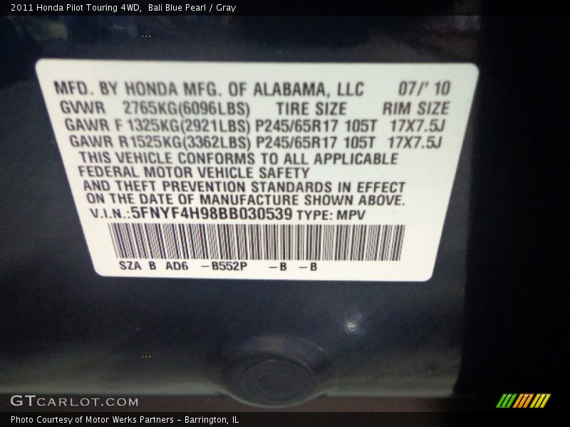 Bali Blue Pearl / Gray 2011 Honda Pilot Touring 4WD