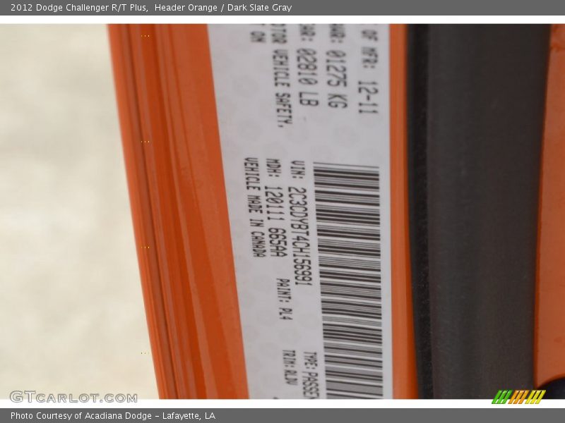 Header Orange / Dark Slate Gray 2012 Dodge Challenger R/T Plus