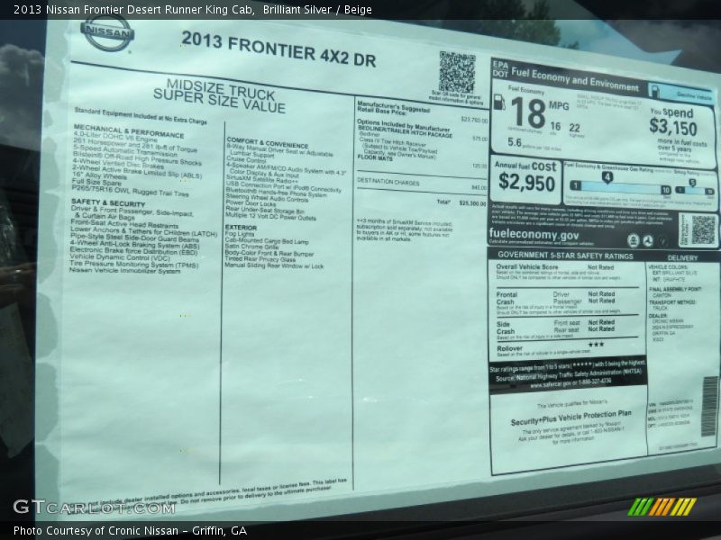 2013 Frontier Desert Runner King Cab Window Sticker