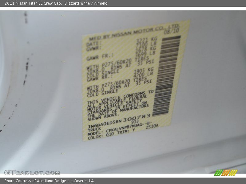Blizzard White / Almond 2011 Nissan Titan SL Crew Cab