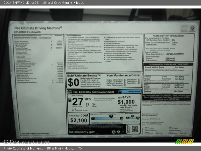 Mineral Grey Metallic / Black 2014 BMW X1 sDrive28i