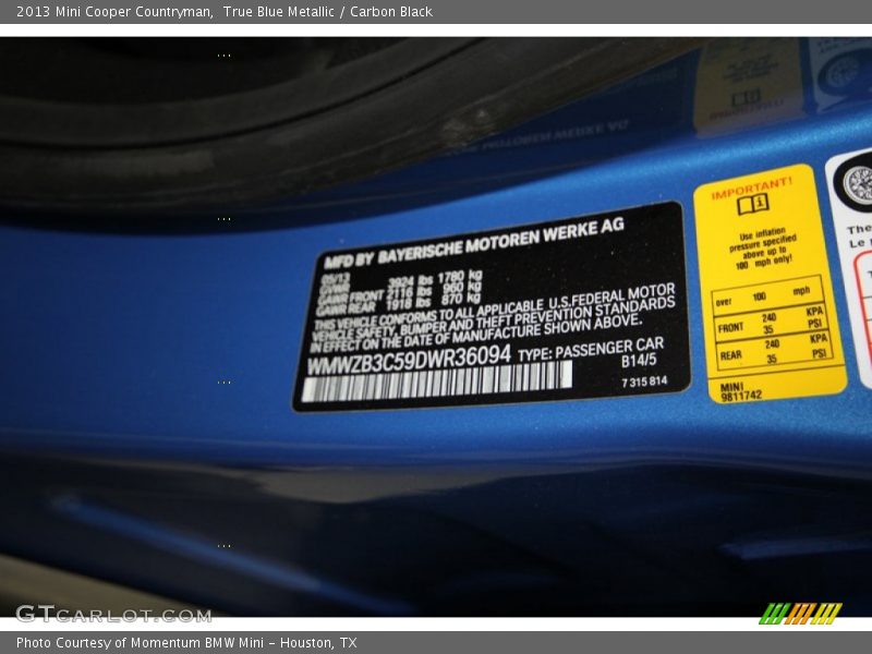 True Blue Metallic / Carbon Black 2013 Mini Cooper Countryman