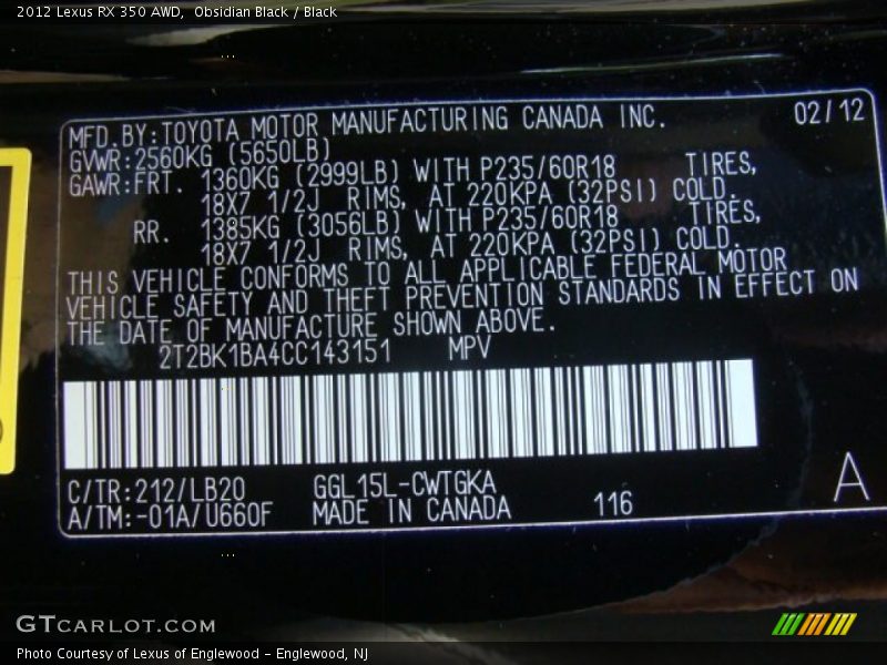 Obsidian Black / Black 2012 Lexus RX 350 AWD