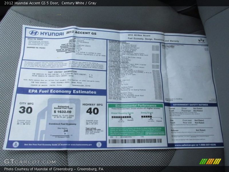 Century White / Gray 2012 Hyundai Accent GS 5 Door