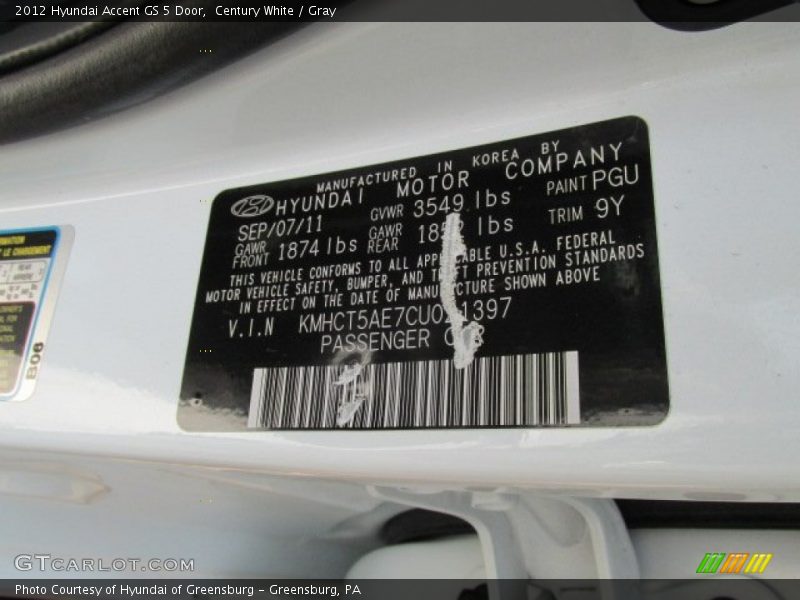 Century White / Gray 2012 Hyundai Accent GS 5 Door