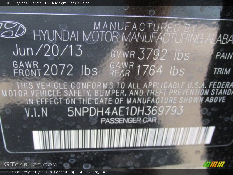 Midnight Black / Beige 2013 Hyundai Elantra GLS