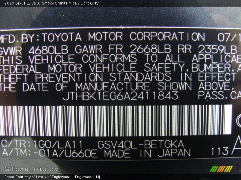 Smoky Granite Mica / Light Gray 2010 Lexus ES 350
