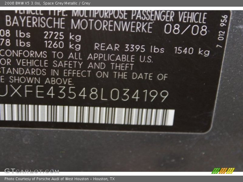 Space Grey Metallic / Grey 2008 BMW X5 3.0si