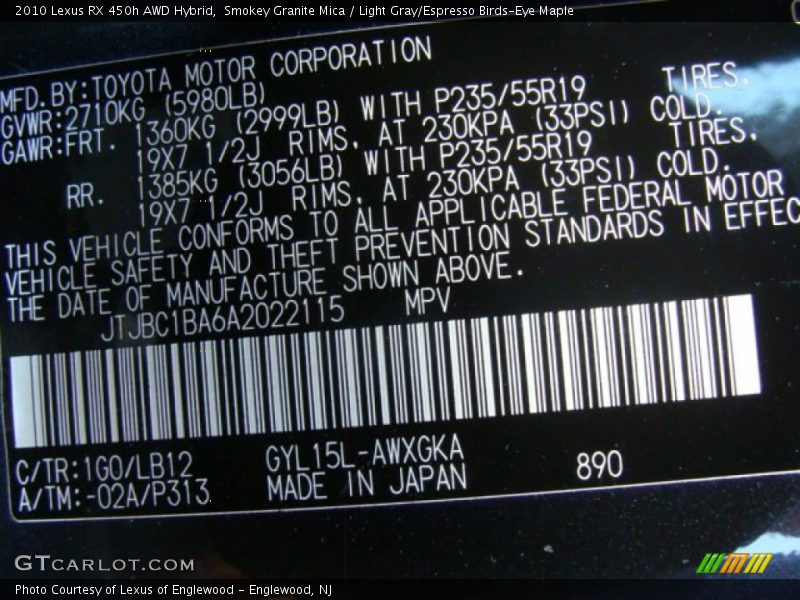 Smokey Granite Mica / Light Gray/Espresso Birds-Eye Maple 2010 Lexus RX 450h AWD Hybrid
