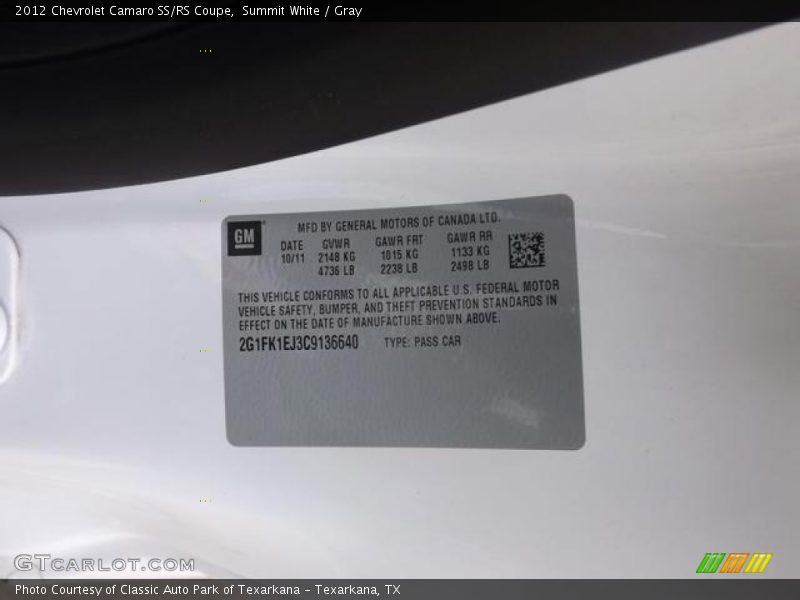 Summit White / Gray 2012 Chevrolet Camaro SS/RS Coupe