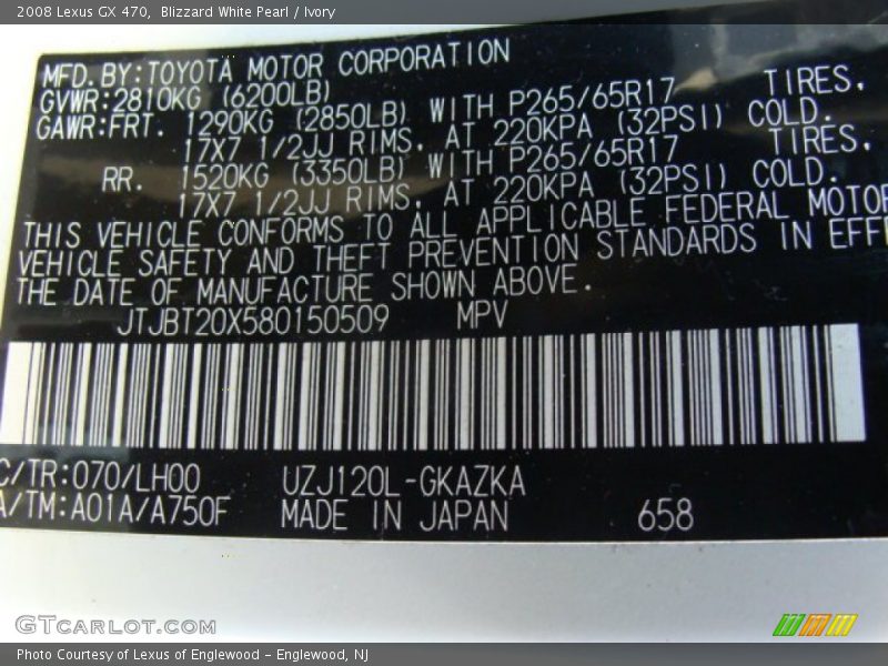 Blizzard White Pearl / Ivory 2008 Lexus GX 470