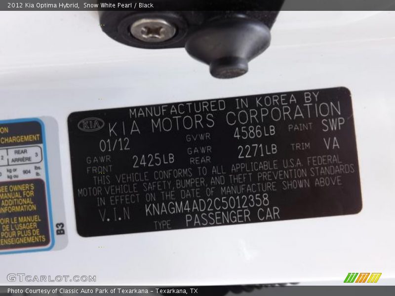 Snow White Pearl / Black 2012 Kia Optima Hybrid
