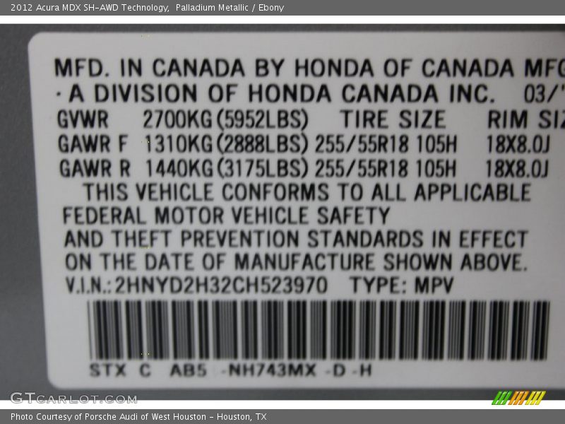 Palladium Metallic / Ebony 2012 Acura MDX SH-AWD Technology
