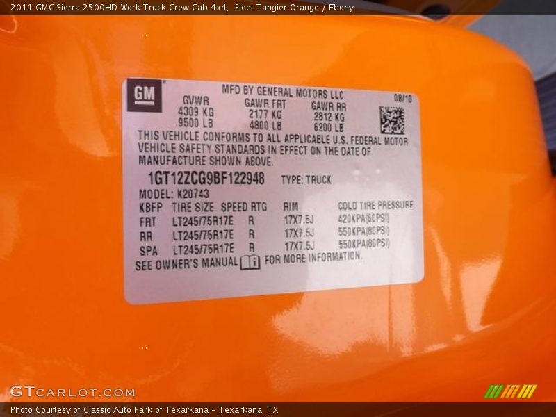 Info Tag of 2011 Sierra 2500HD Work Truck Crew Cab 4x4