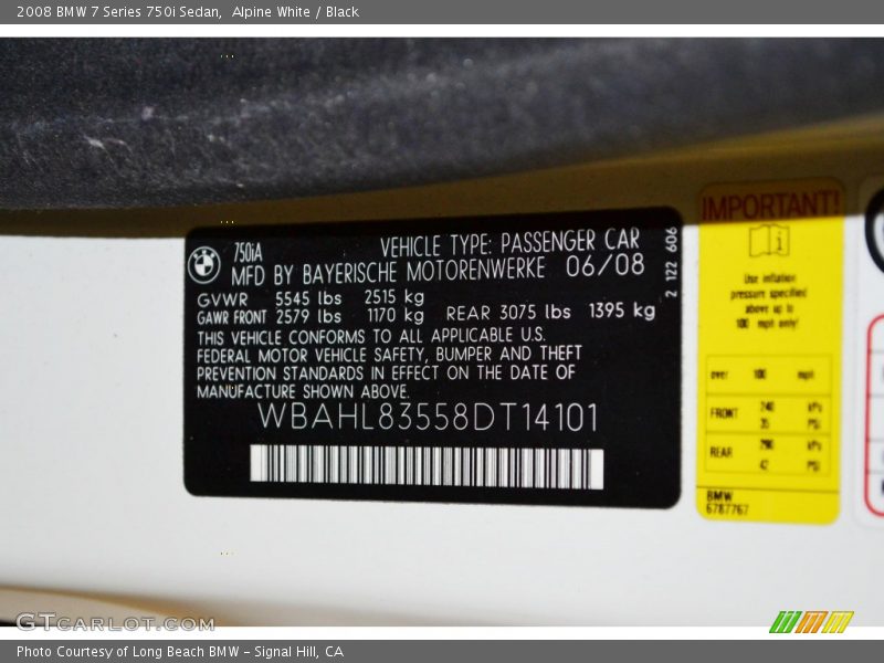 Alpine White / Black 2008 BMW 7 Series 750i Sedan