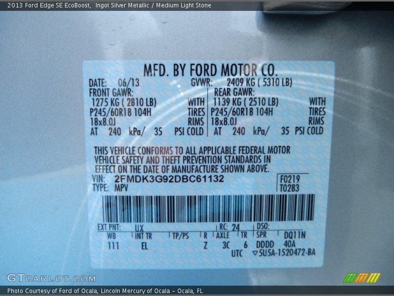 2013 Edge SE EcoBoost Ingot Silver Metallic Color Code UX