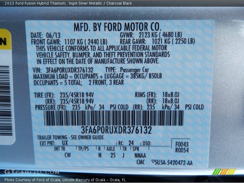 2013 Fusion Hybrid Titanium Ingot Silver Metallic Color Code UX