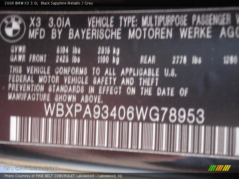 Black Sapphire Metallic / Grey 2006 BMW X3 3.0i