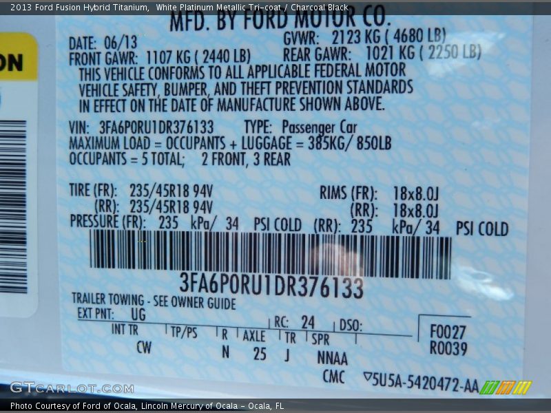 2013 Fusion Hybrid Titanium White Platinum Metallic Tri-coat Color Code UG